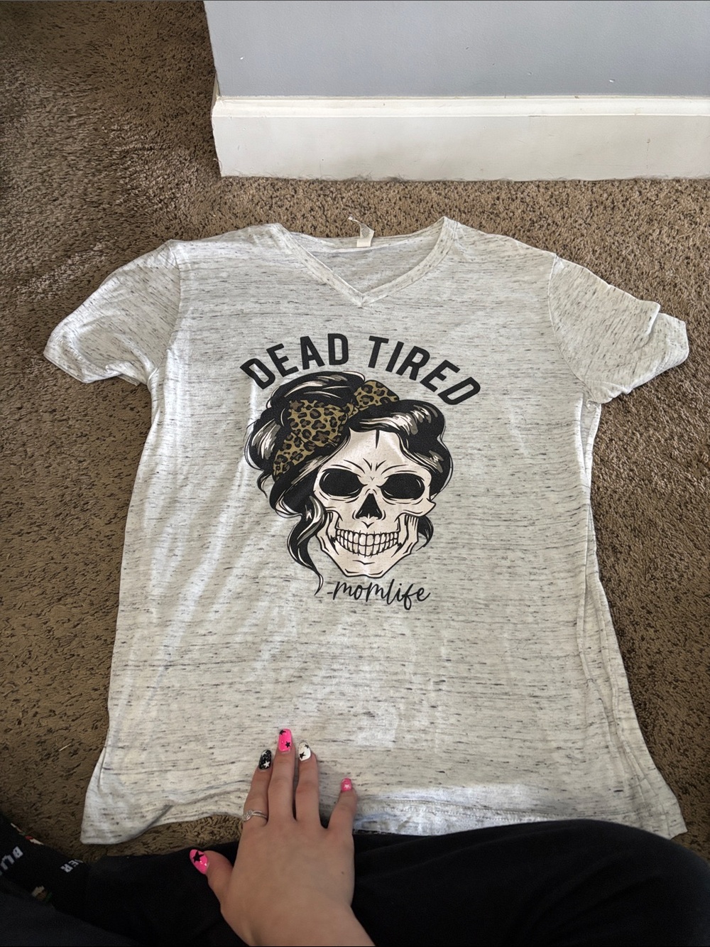 Bella Canvas Heathered White 'Dead Tired' Skull Momlife Tee